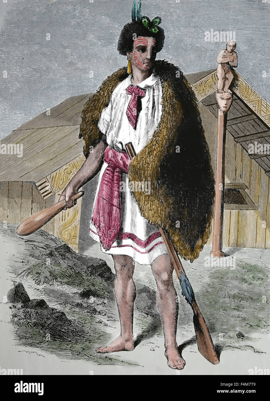 Pacific Islands. New Zeland. Maori chief, c. 1860. Engraving. Stock Photo