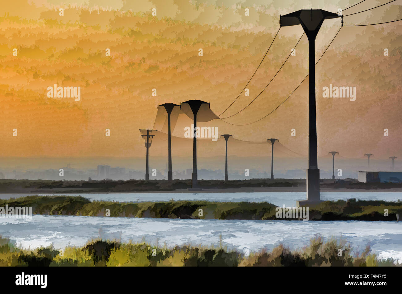 Abstract electricity transmission by towers Stock Photo