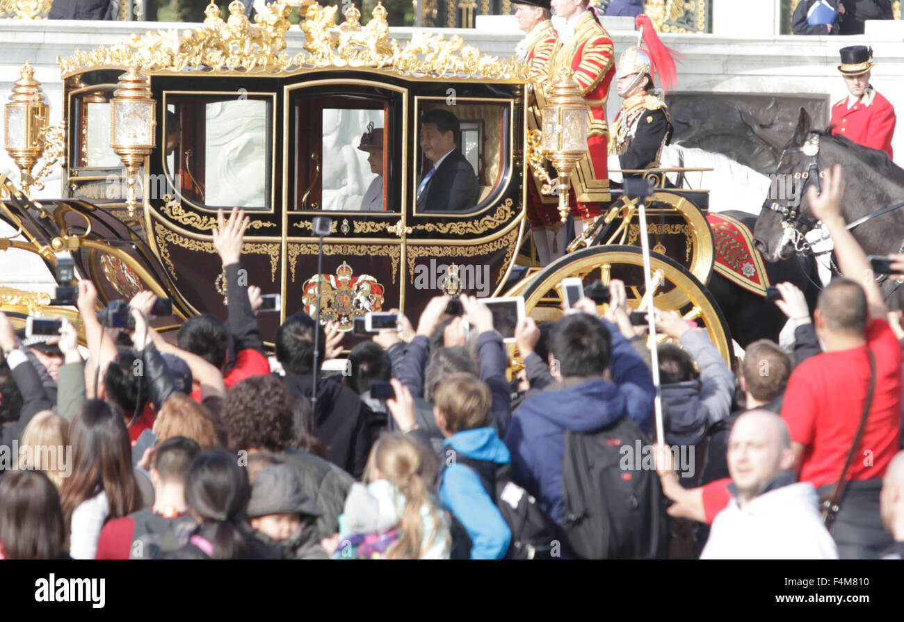 London, UK. 20th Oct, 2015. Queen Elizabeth II sits with the Chinese President Xi Jinping in the Diamond Jubilee State Coach following the official welcome ceremony at Horse Guards Parade on October 20, 2015 in London, England. The President of the Peoples Republic of China, Mr Xi Jinping and his wife, Madame Peng Liyuan, are paying a State Visit to the United Kingdom as guests of The Queen. Credit:  CPRESS PHOTO LIMITED/Alamy Live News Stock Photo