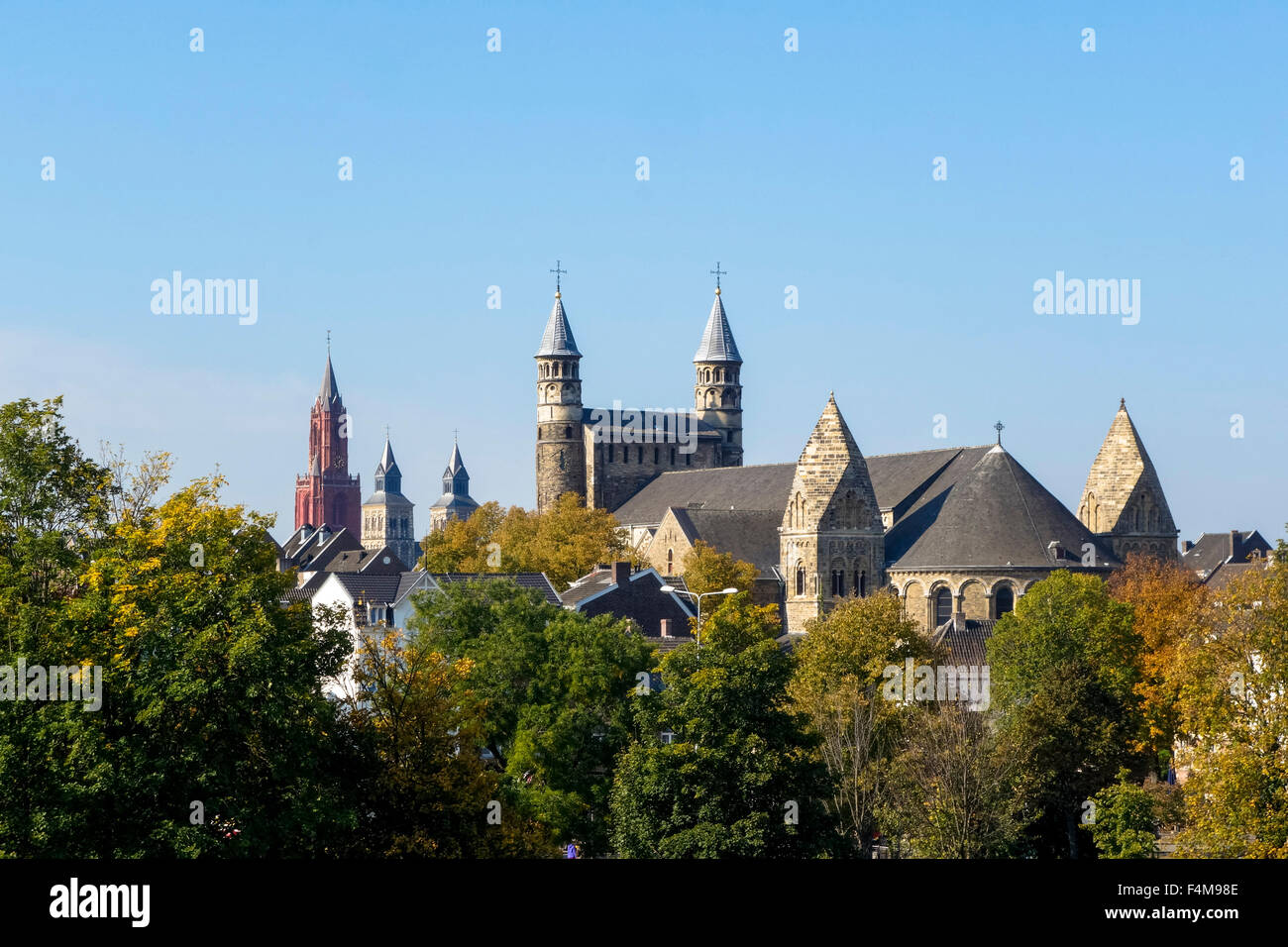 View towards Basilica of Our Lady, with Basilica of Saint Servatius and St. John's church, Maastricht, Limburg, Netherlands. Stock Photo