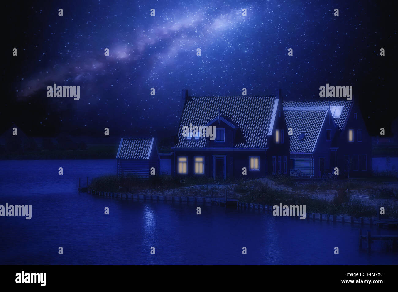 wooden house on a background of the night sky Stock Photo - Alamy