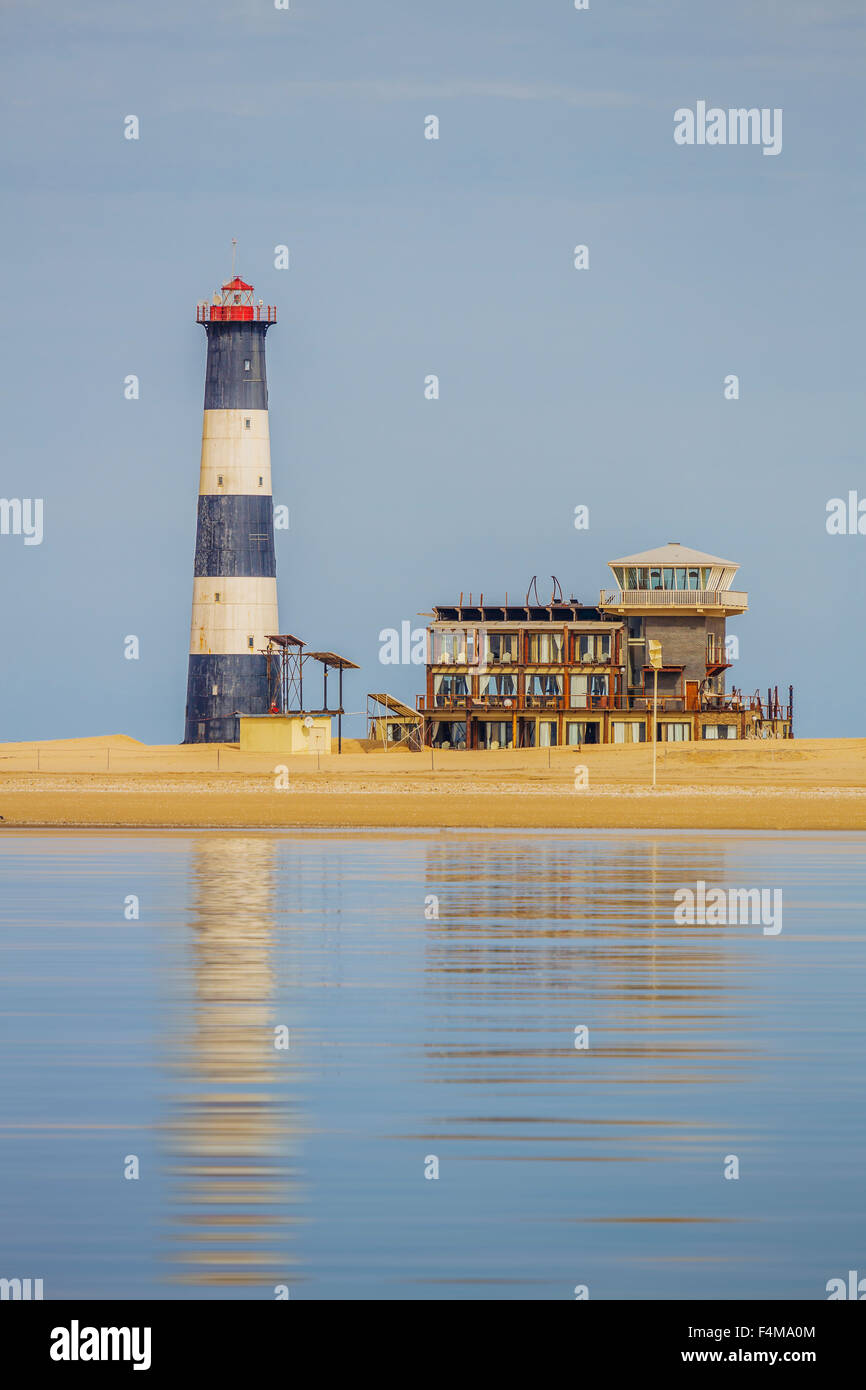 Light house and accomondations at Pelican Point Lodge, Walvis Bay, Namibia Africa Stock Photo