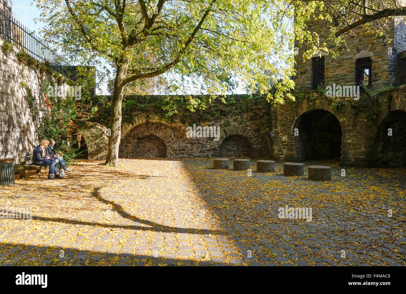Square at medieval city walls, Onze lieve vrouwewal, Maastricht, Limburg, Netherlands. Stock Photo