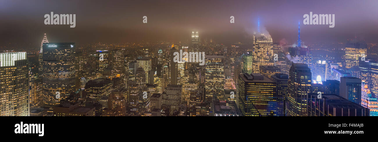 Panoramic shot of Manhattan on a foggy night Stock Photo