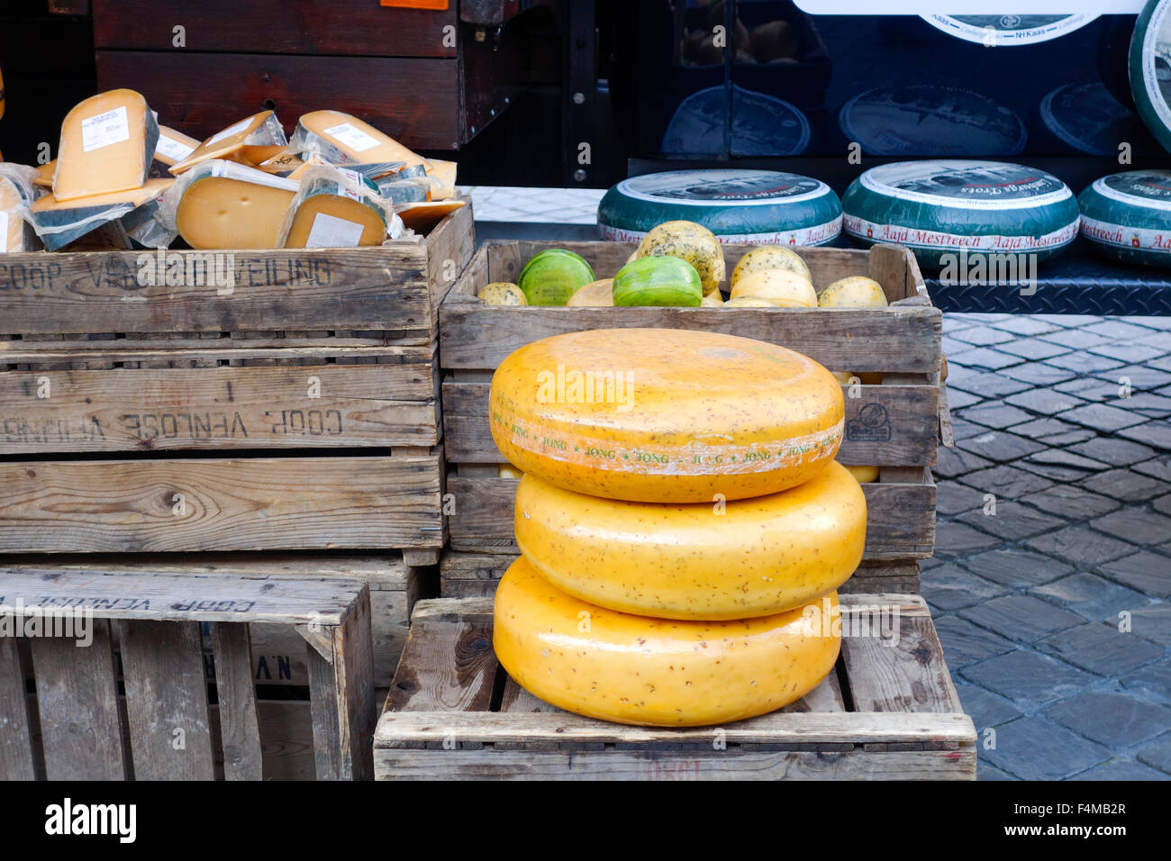 Dutch cheese on display at the market in Maastricht, Limburg