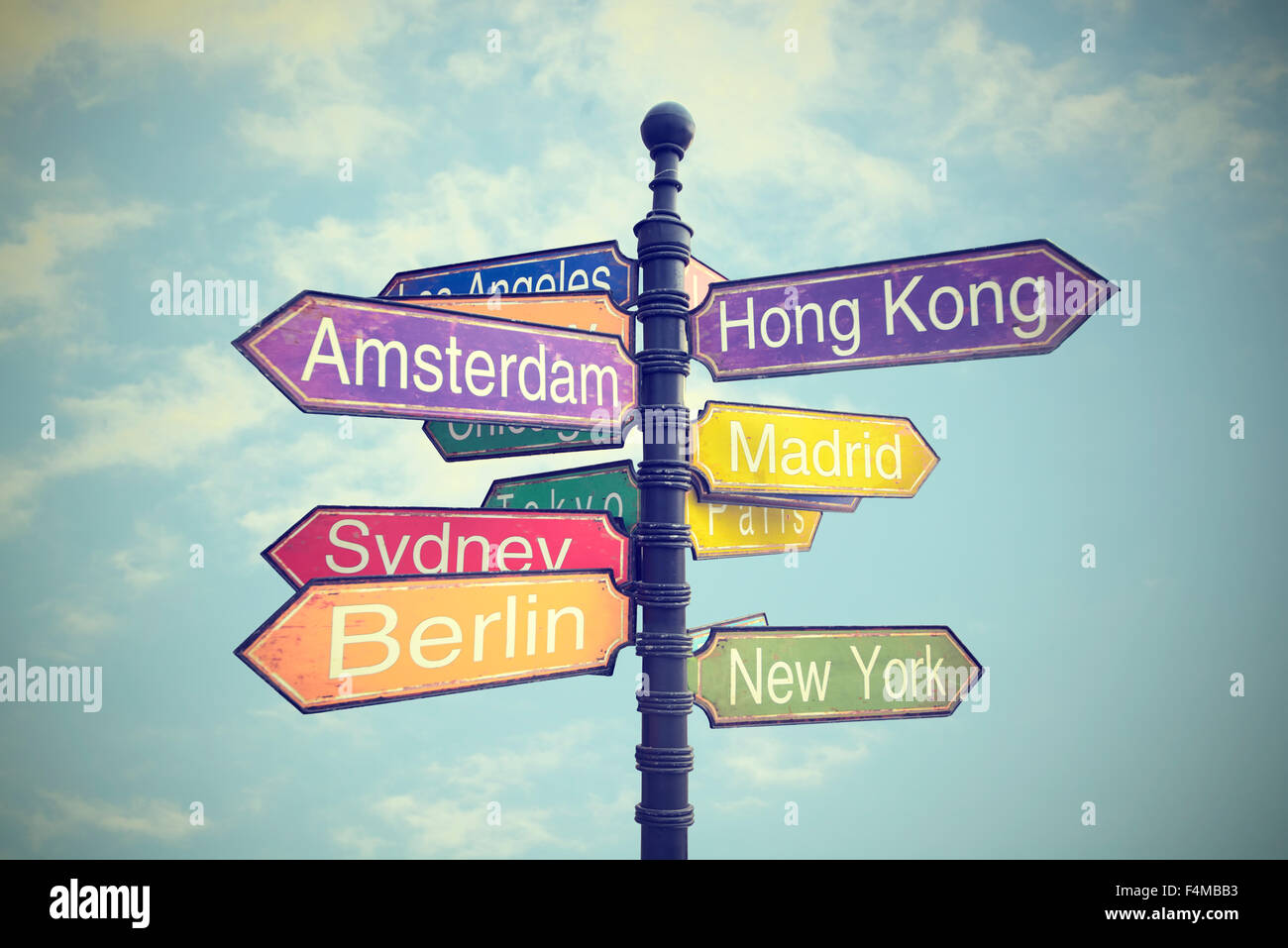 signboard with directions to Countries Stock Photo