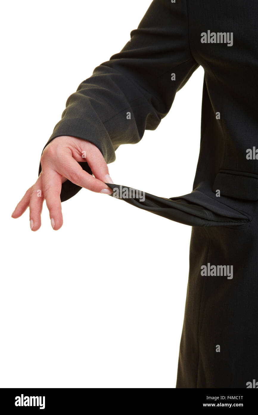 Business woman showing the empty lining of her pockets Stock Photo