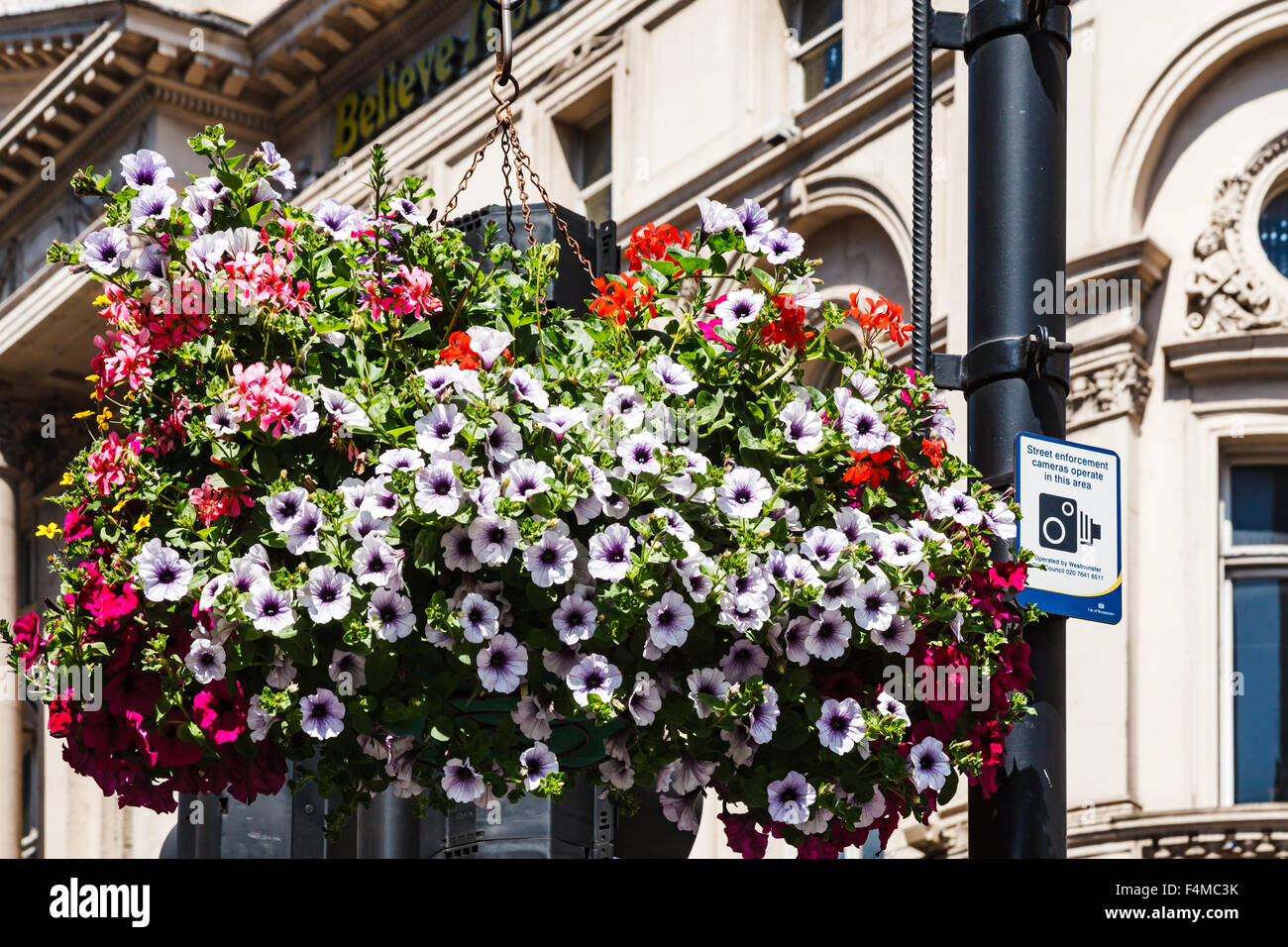 Colourful hanging basket next to a CCTV sign on a lamppost outside a theatre in London, England, UK. Stock Photo