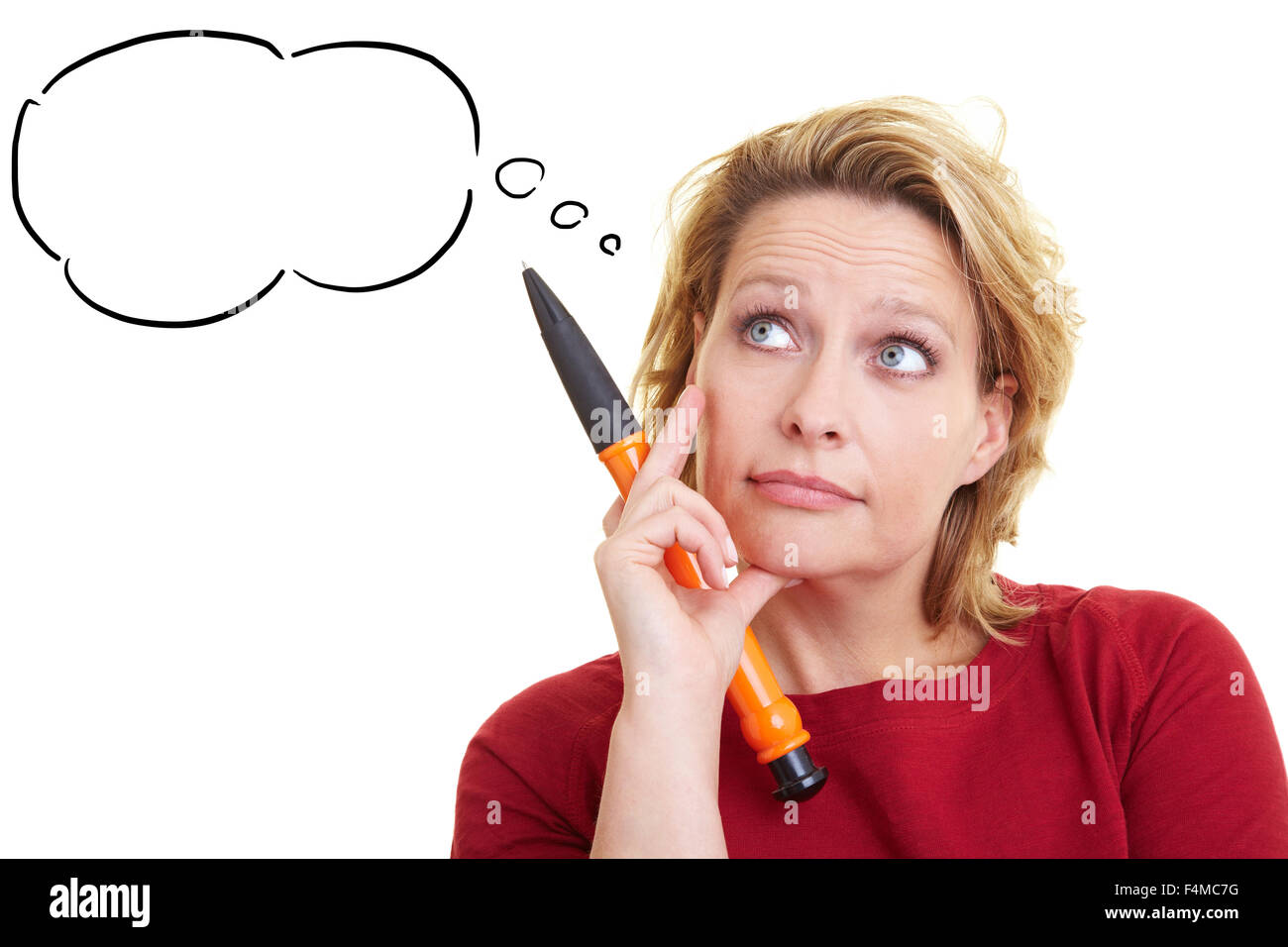 Woman with comic thought bubble holding oversized pen Stock Photo