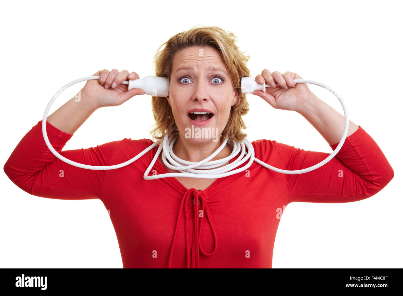 Woman holding an extension cord with both hands Stock Photo Alamy