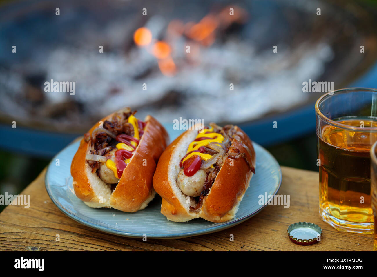 Hot dogs with fried onions Stock Photo