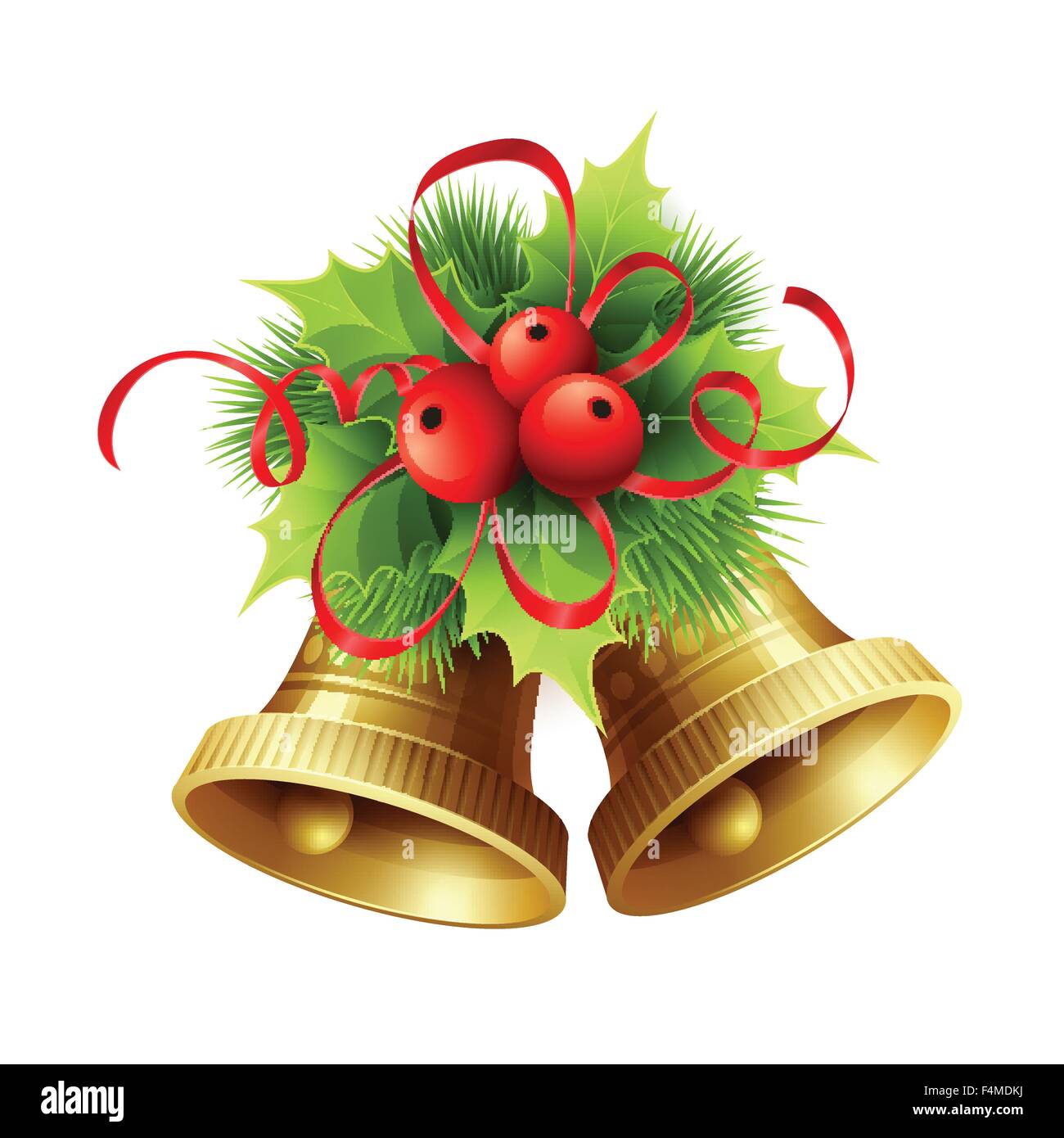 Golden Christmas bells with Holly berries, tinsel and red bow. Vector ...