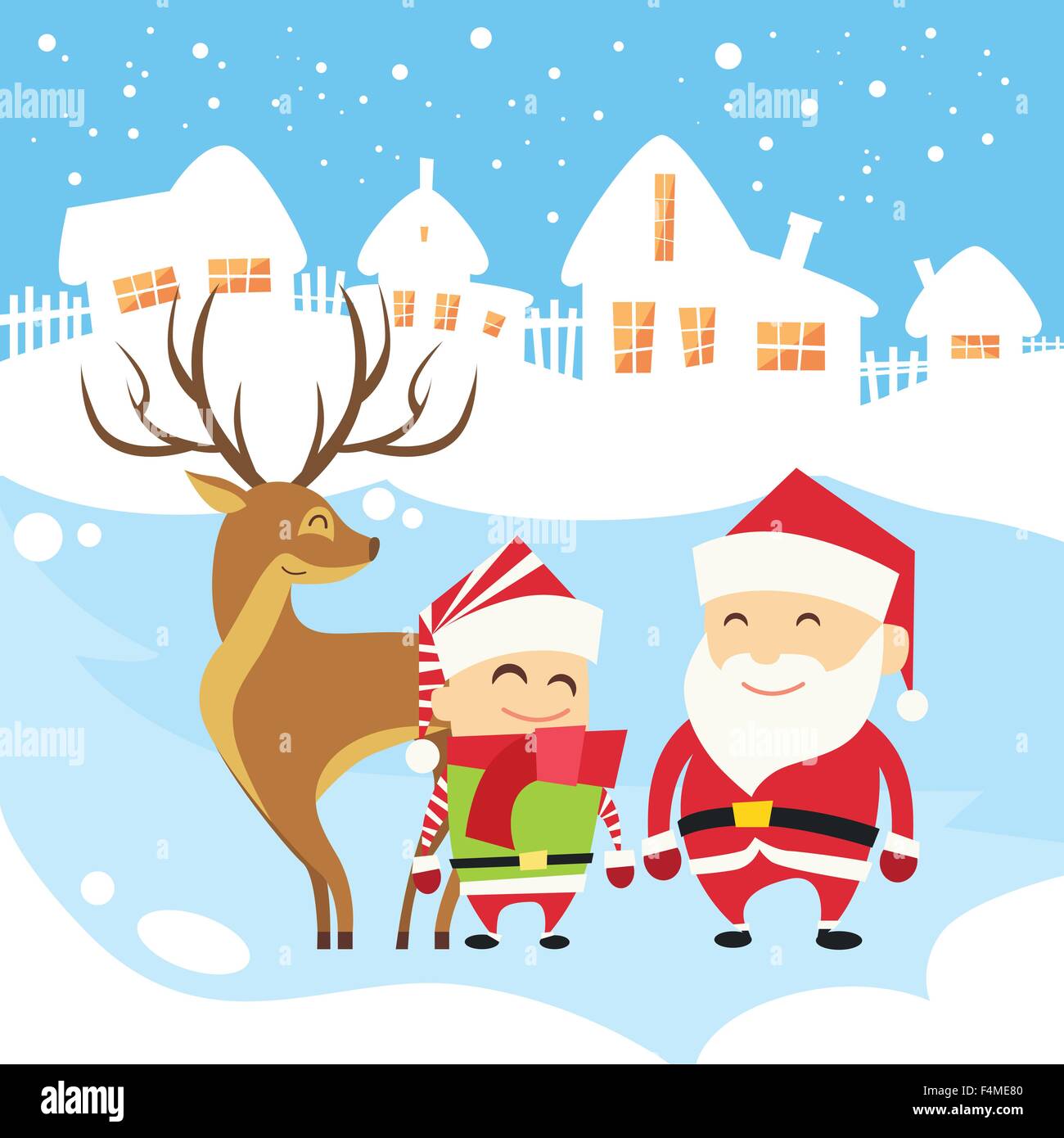 Santa Clause Christmas Elf Reindeer over Winter Snow House Village Silhouette New Year Card Stock Vector