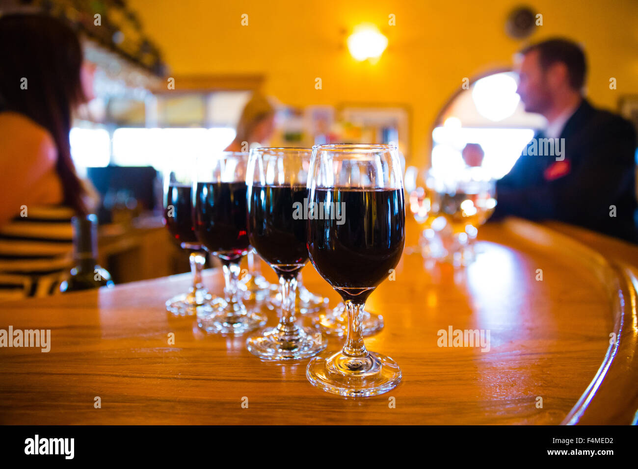 Wine selection at a bar in a winery tasting room in Oregon. Stock Photo