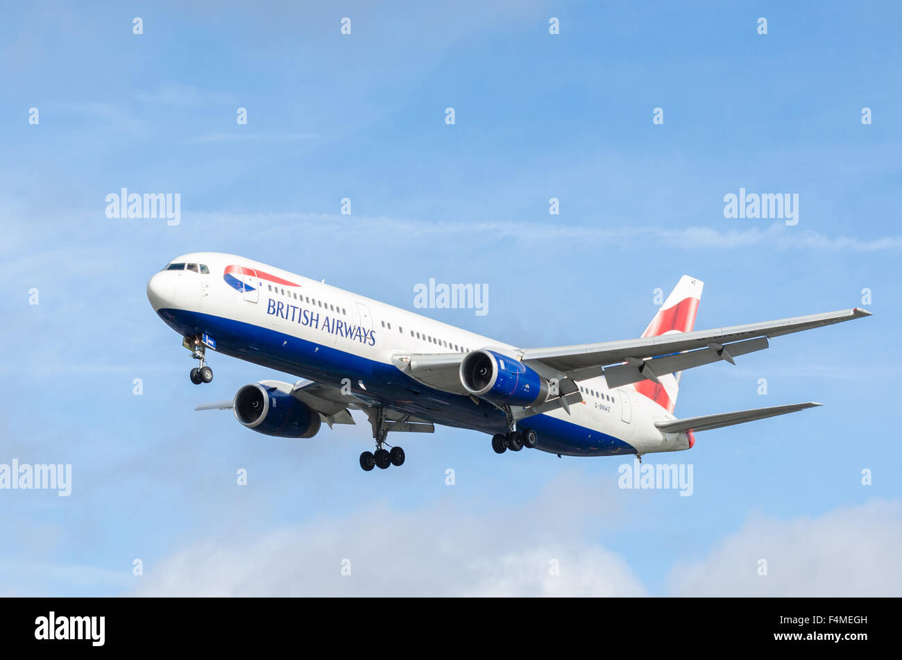 British Airways Boeing 767-300 in landing configuration at London Heathrow airport Stock Photo