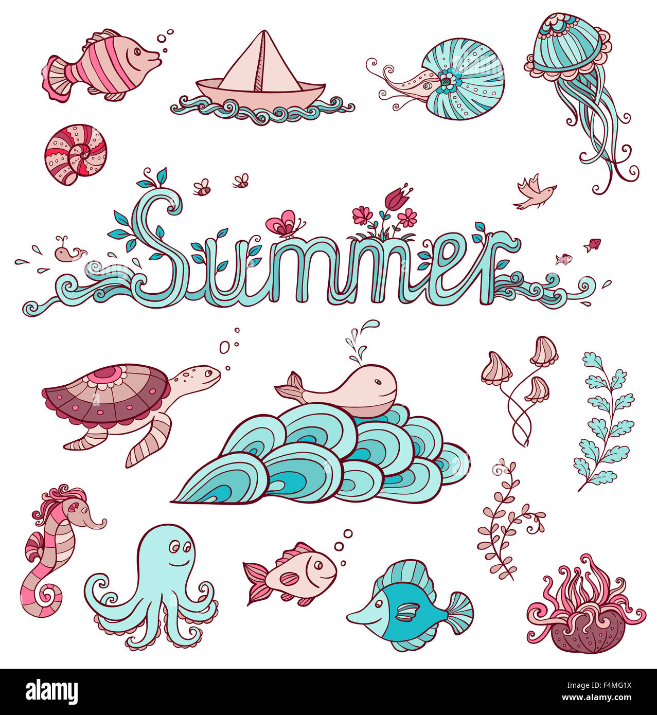 Set of sea doodle elements for design Stock Photo