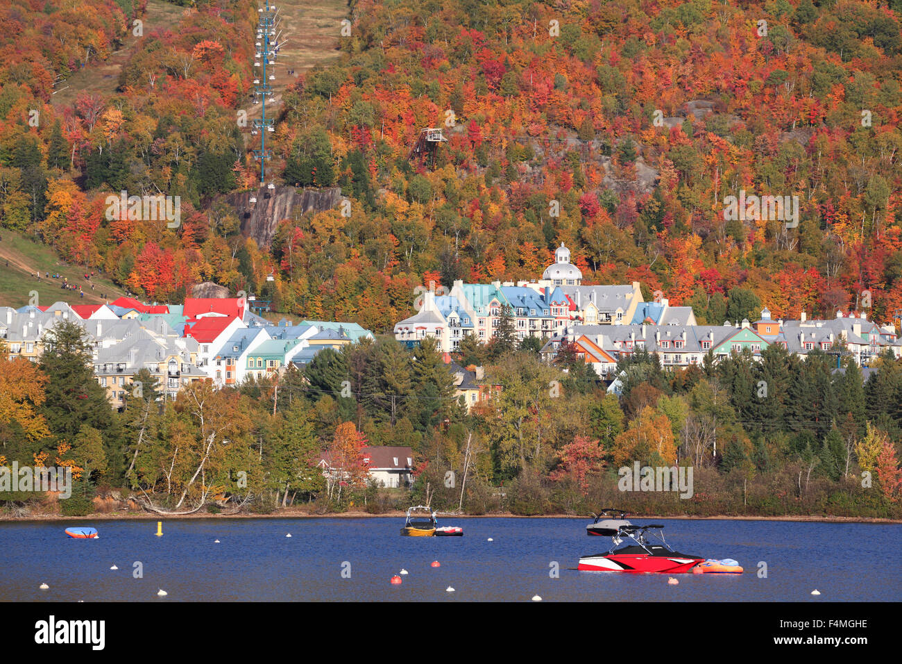 Mont Tremblant lake and village with autumn colors, Quebec, Canada Stock Photo