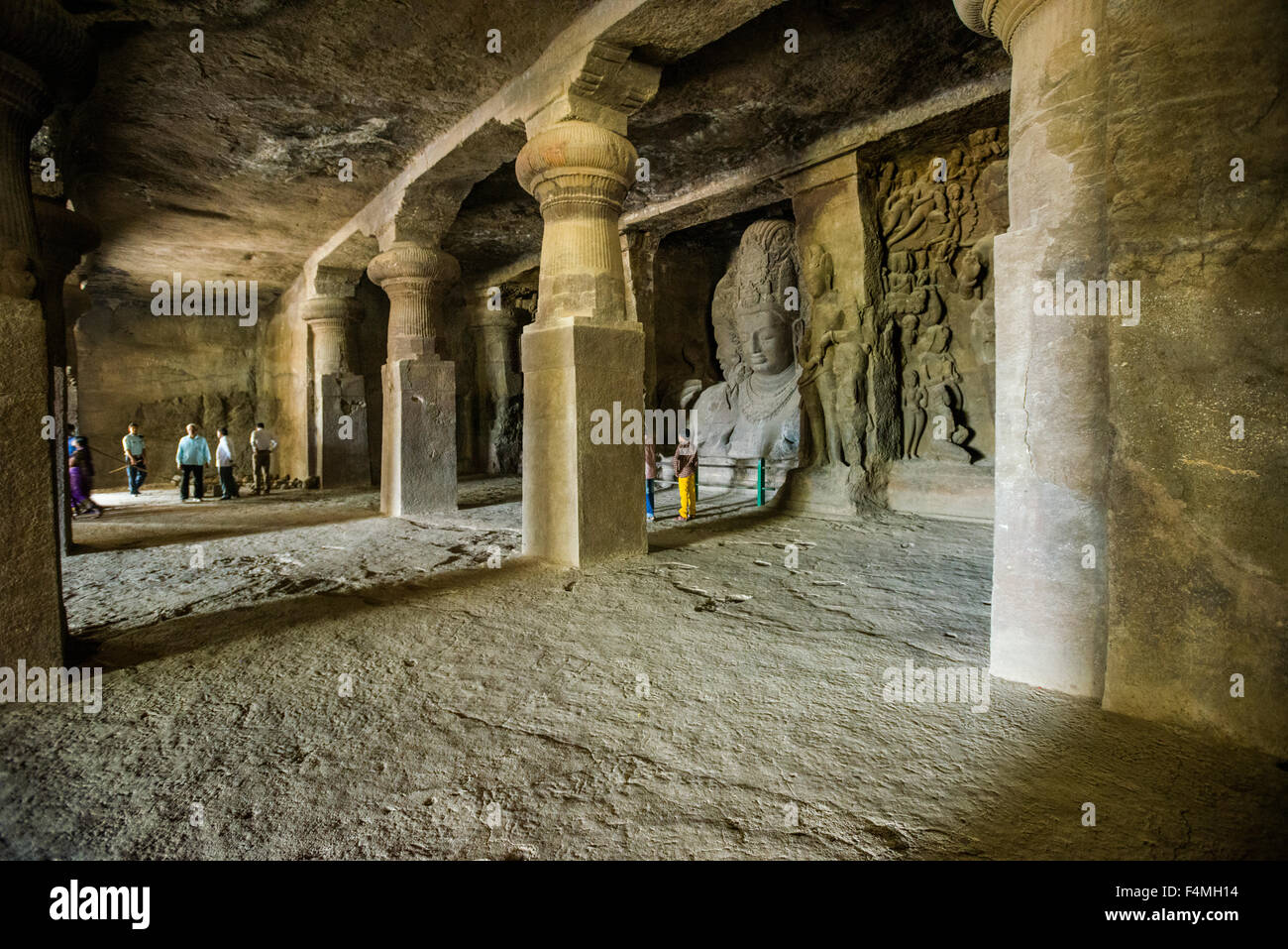 Some big pillars of the main cave on Elephanta Island, carved out of solid rocks Stock Photo