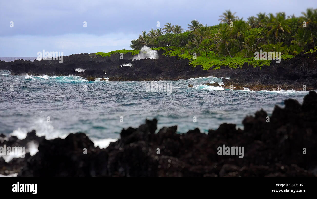Waves from the pacific ocean break against the black volcanic rock shoreline of Maui Stock Photo