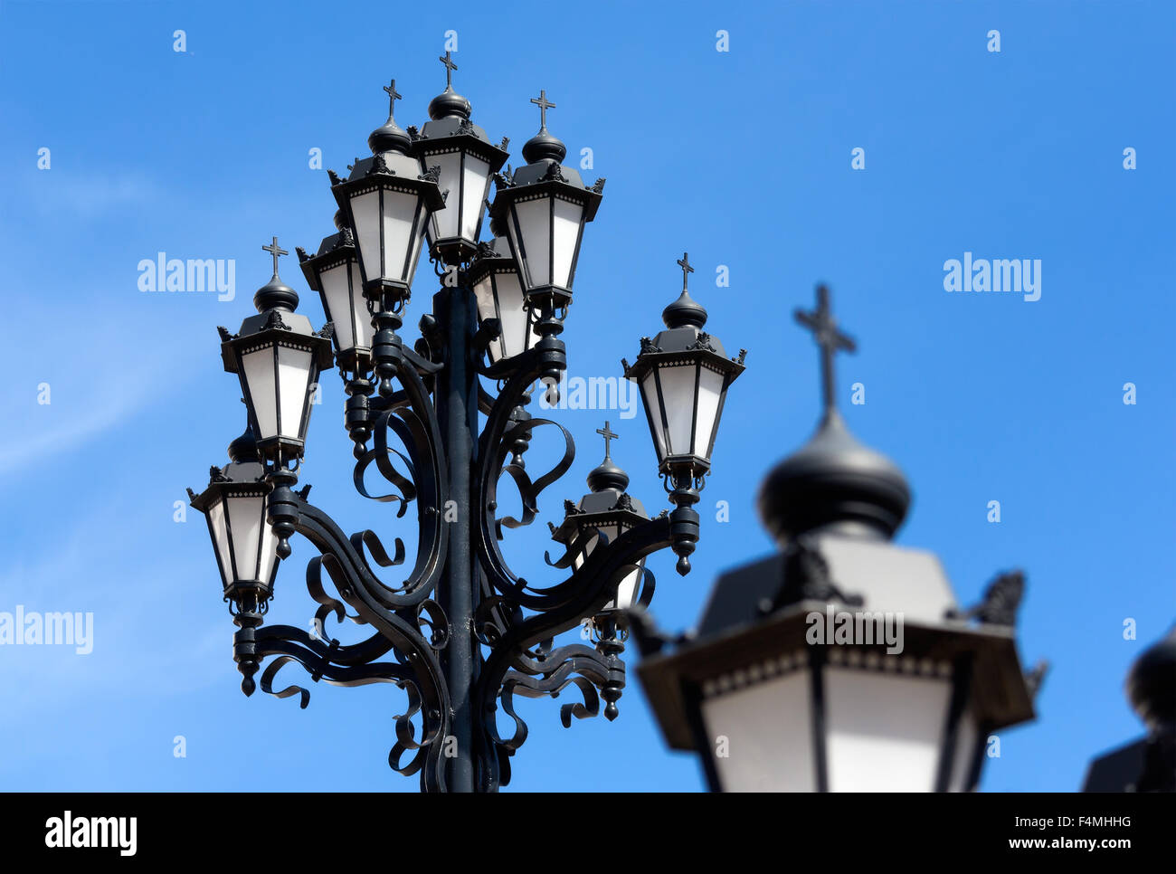 Close-up of the old-fashioned lanterns near the Cathedral of Christ the Savior in Moscow, Russia. Stock Photo