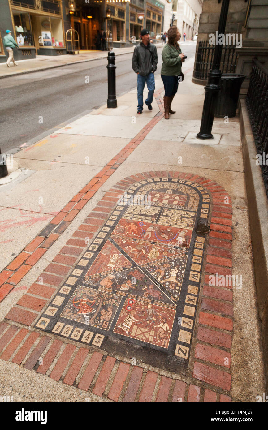 Street mosaic defining the site of the Old Latin School on the Boston Freedom Trail, Boston, Massachusetts USA Stock Photo