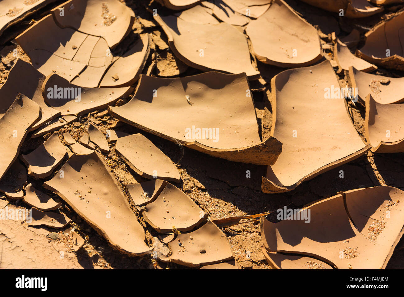 Close up cracks dry riverbed with surface of brown mud. Namibia, Damaraland, Africa. Stock Photo