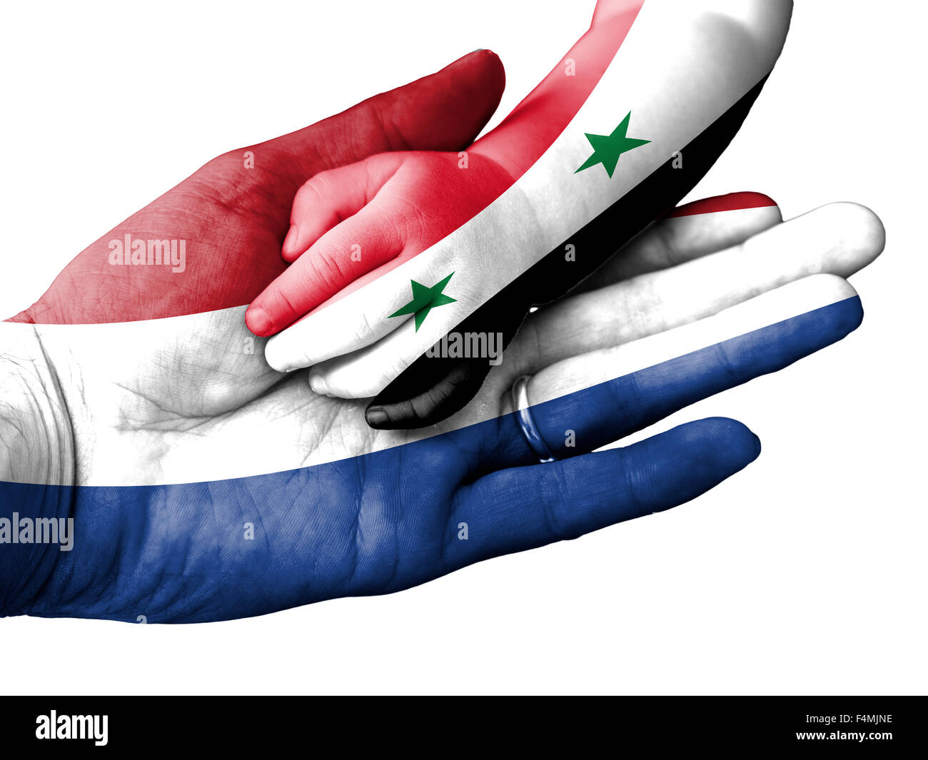 Flag of Netherlands overlaid the hand of an adult man holding a baby hand with the flag of Syria overprinted Stock Photo