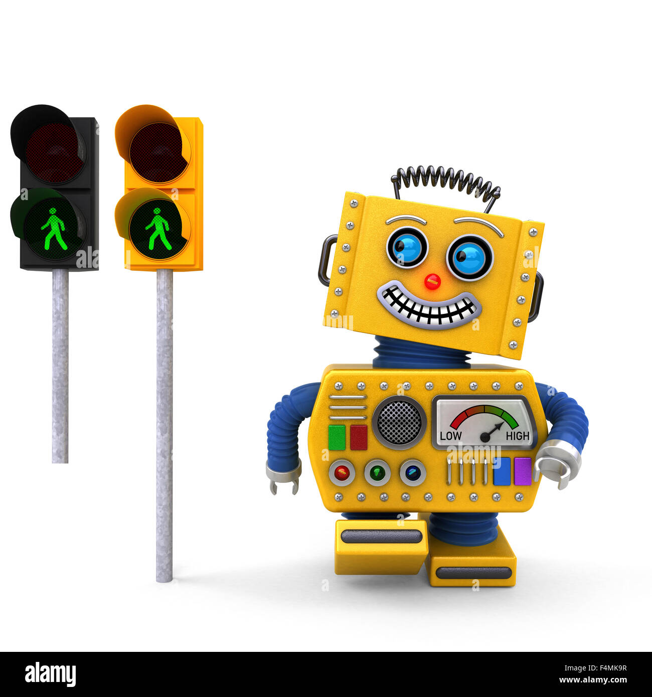 Yellow toy robot happily at green traffic light Stock Photo