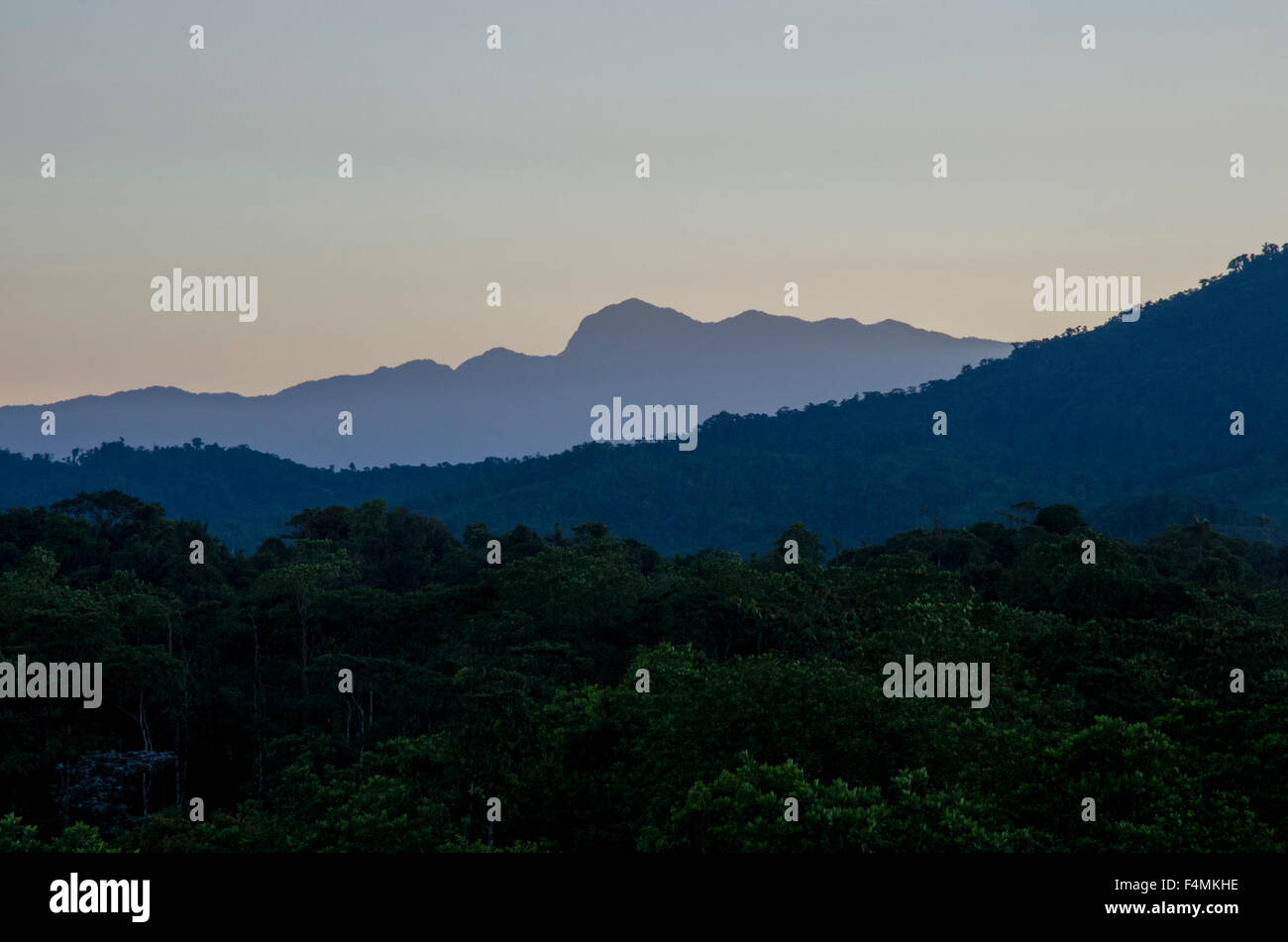 Three Mountain Ranges in the Early Morning Light Stock Photo