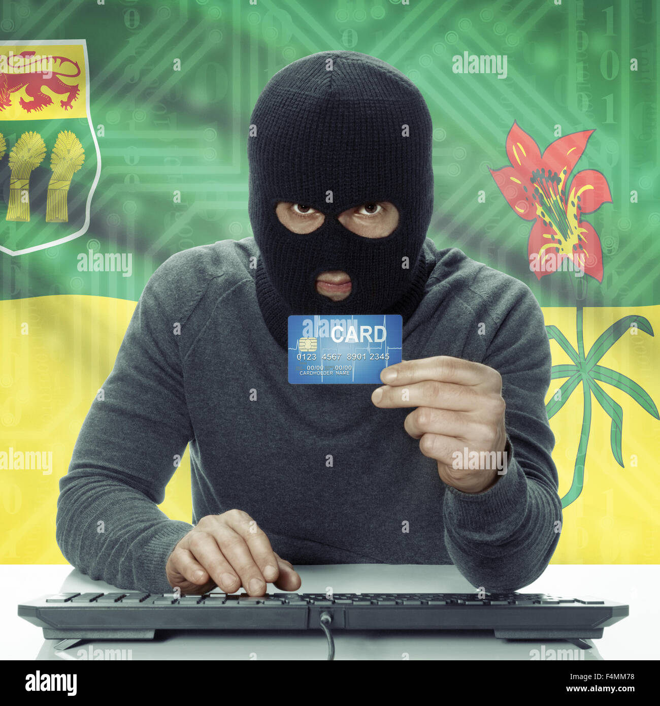Dark-skinned hacker holding credit card with Canadian province flag on ...
