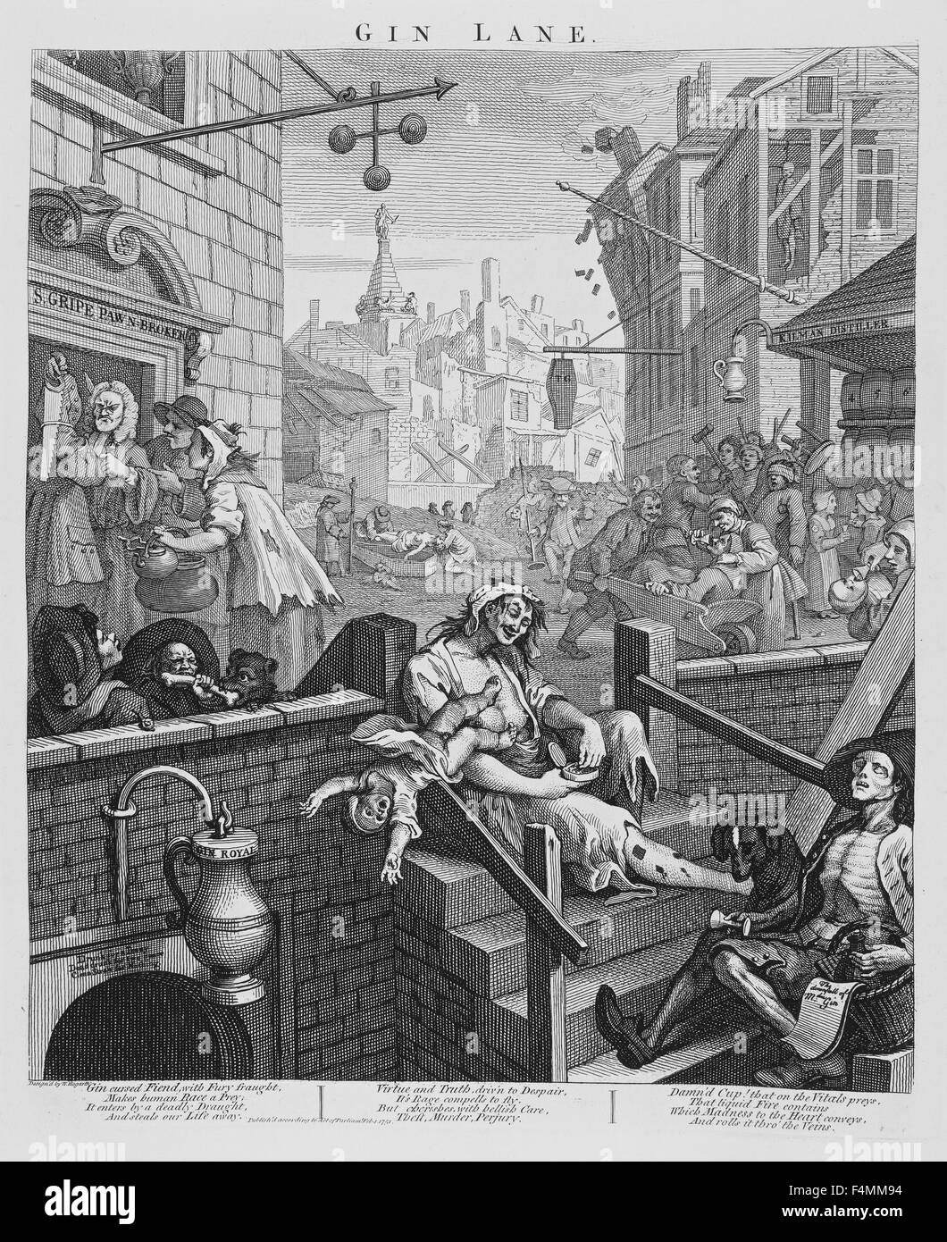 GIN LANE engraving by William Hogarth about 1750 Stock Photo