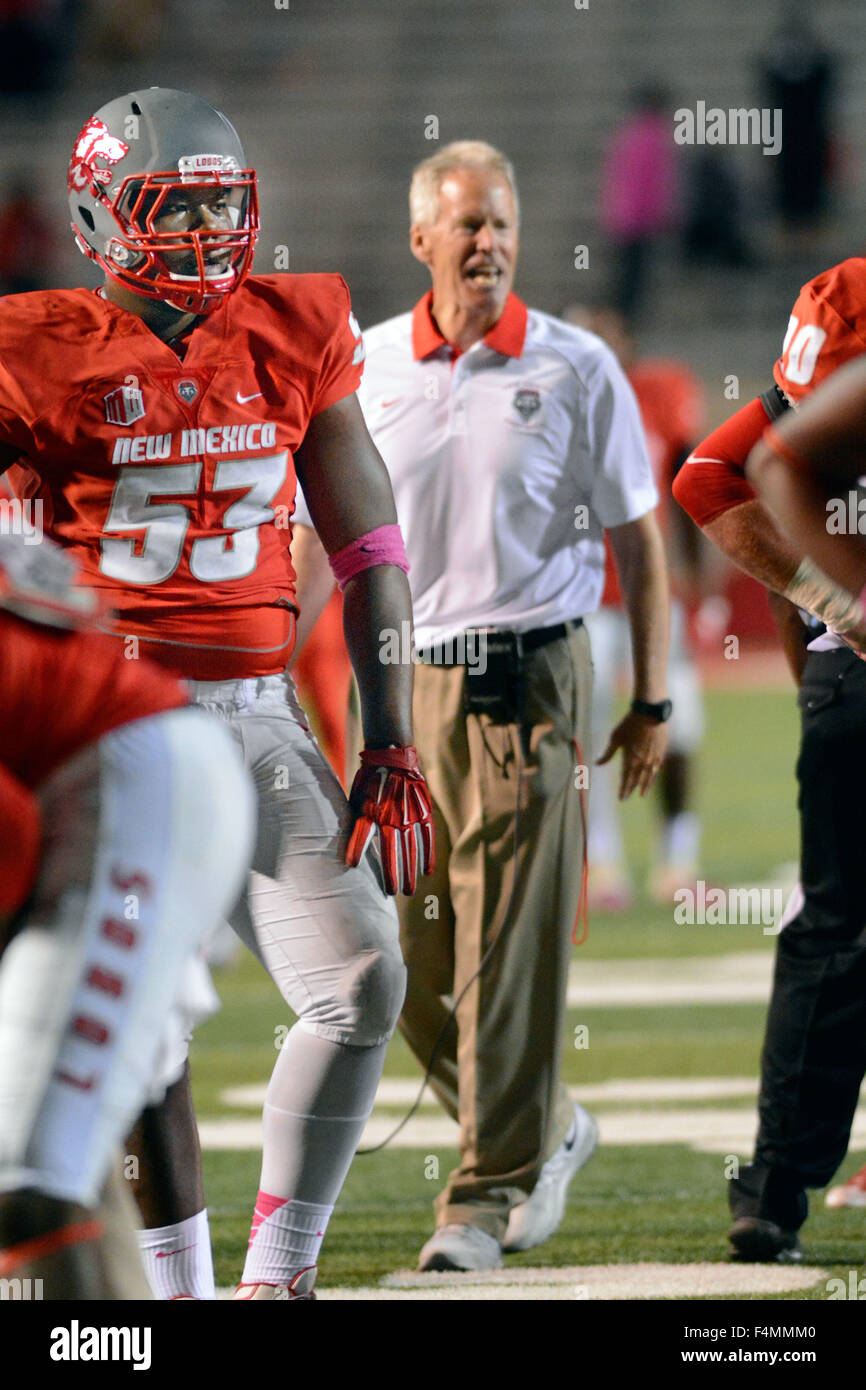 Albuquerque, NM, USA. 17th Oct, 2015. UNM's #53 Cody Baker looks towards the officials during a time out on the field in their game against Hawaii. Saturday, Oct. 17, 2015. © Jim Thompson/Albuquerque Journal/ZUMA Wire/Alamy Live News Stock Photo