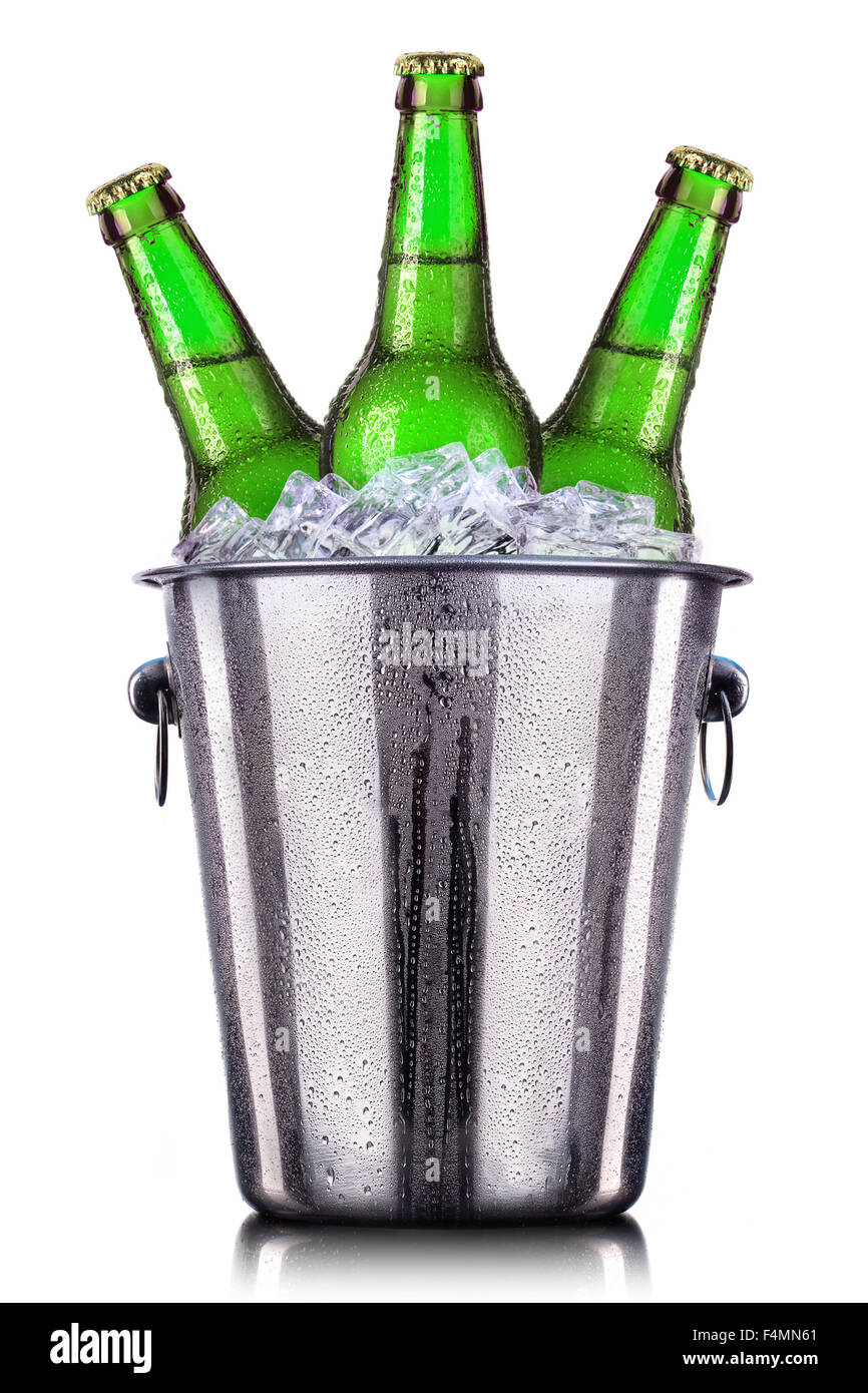 Beer bottles in ice bucket isolated on white background Stock Photo Alamy