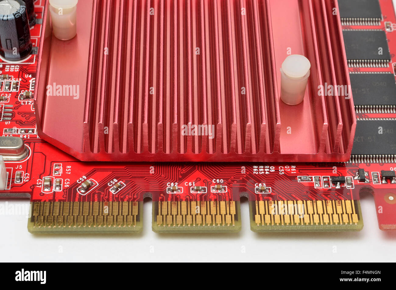 AGP contacts and heat sink on a Gainward graphics card. Stock Photo