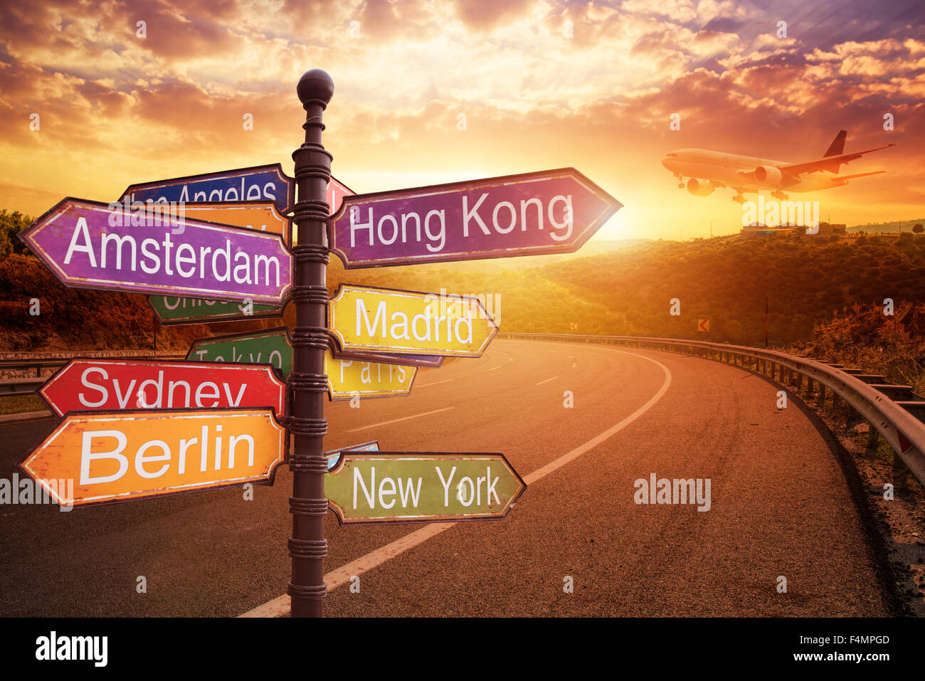 signboard with directions to Countries Stock Photo