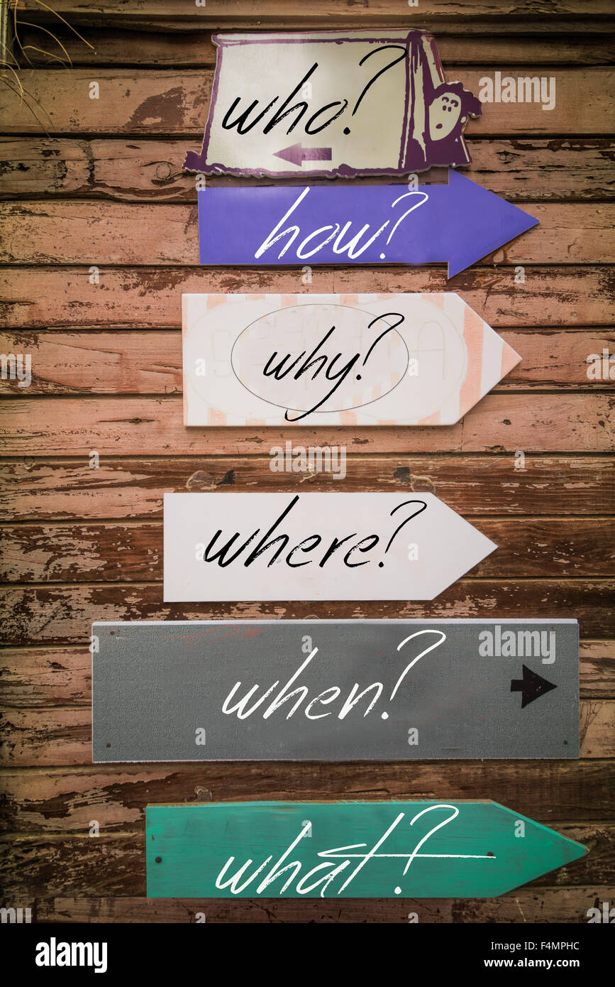 Concept image of the questions and answers on a signpost. Stock Photo
