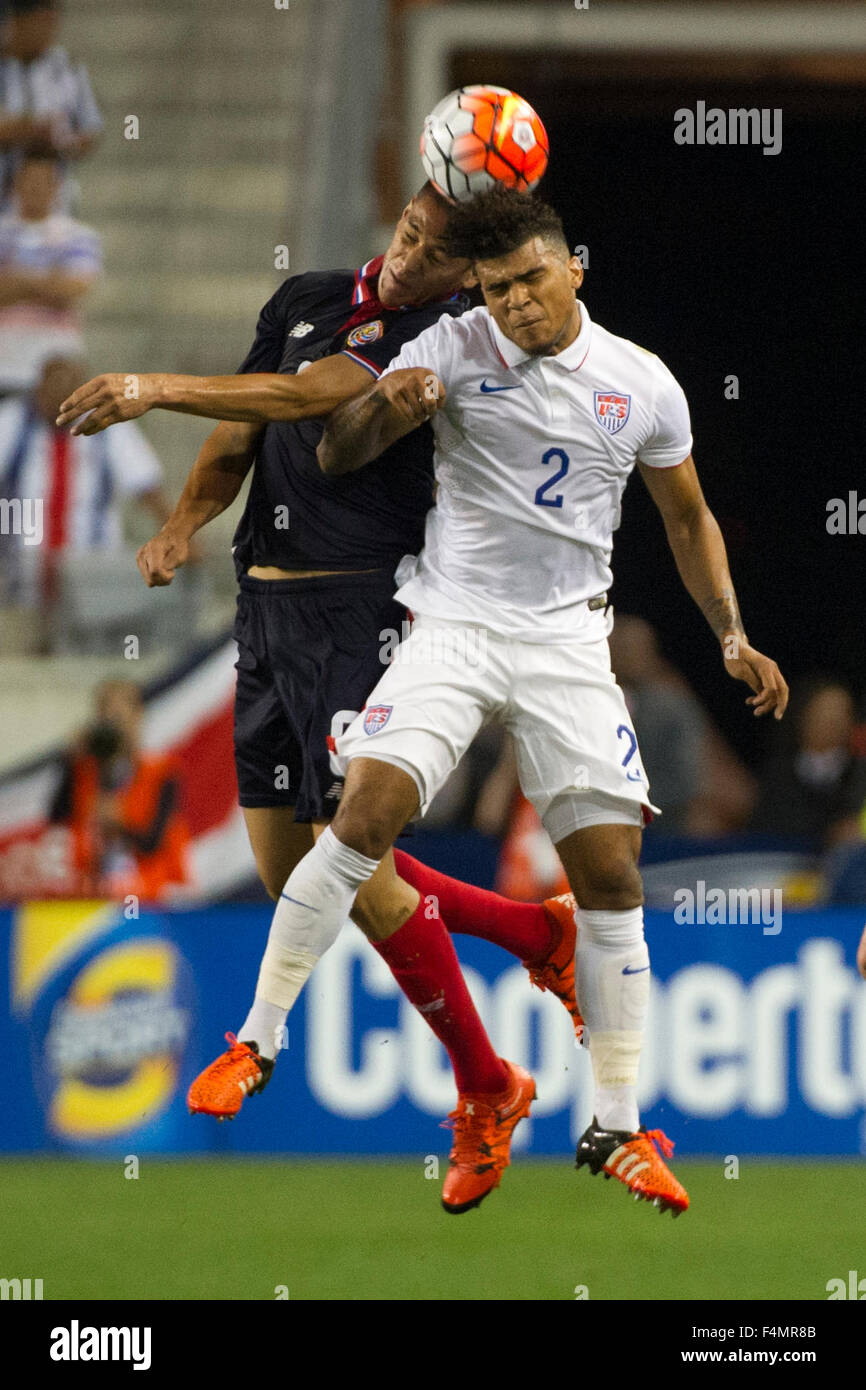 October 13, 2015: US Men's National Team midfielder DeAndre Yedlin (2) heads the ball along with Costa Rica defender Oscar Duarte (6) during The USA Men's National Team vs. Costa Rica Men's National Team- international friendly at Red Bull Arena - Harrison, NJ. Costa Rica defeated The US Men's National Team 1-0. Mandatory Credit: Kostas Lymperopoulos/CSM Stock Photo