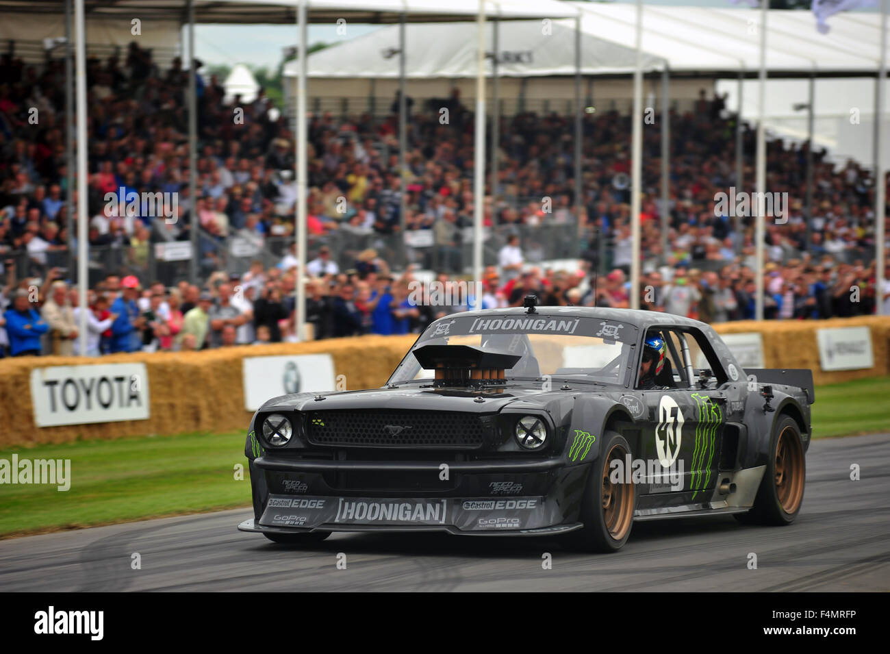 Ken Block drives his Ford Mustang Hoonicorn at the Goodwood Festival of Speed in the UK. Stock Photo