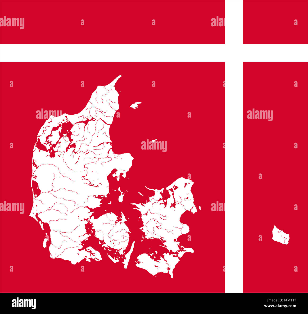 Very detailed outline map of Denmark in colors of the Danish flag. Colors of flag are proper 
