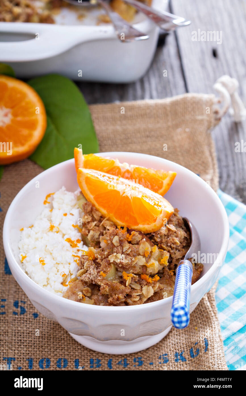 Apple and citrus crumble with oats and orange zest Stock Photo