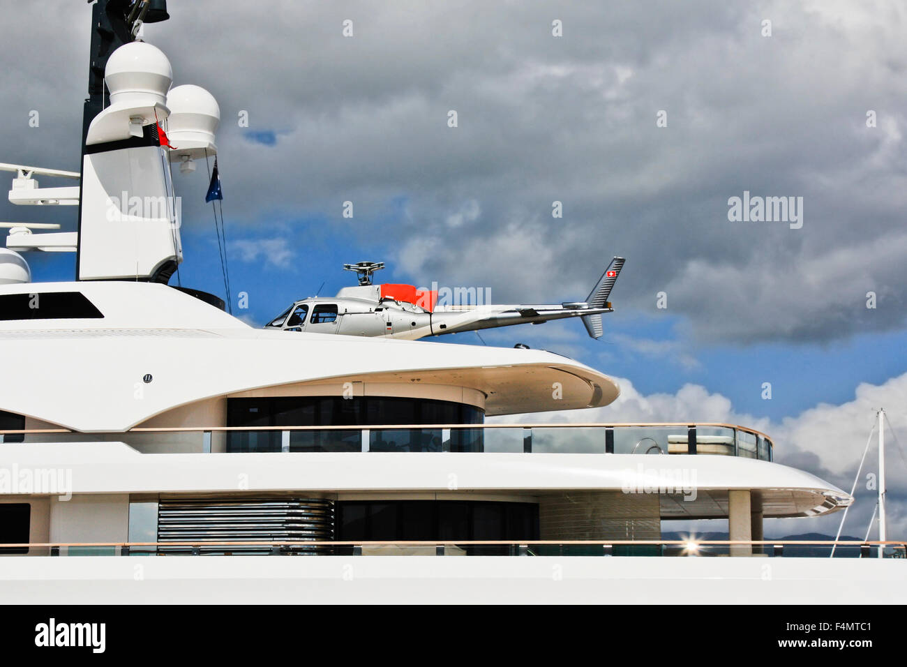 close up view of stunning luxury yacht moored at the Cairns pier Stock Photo