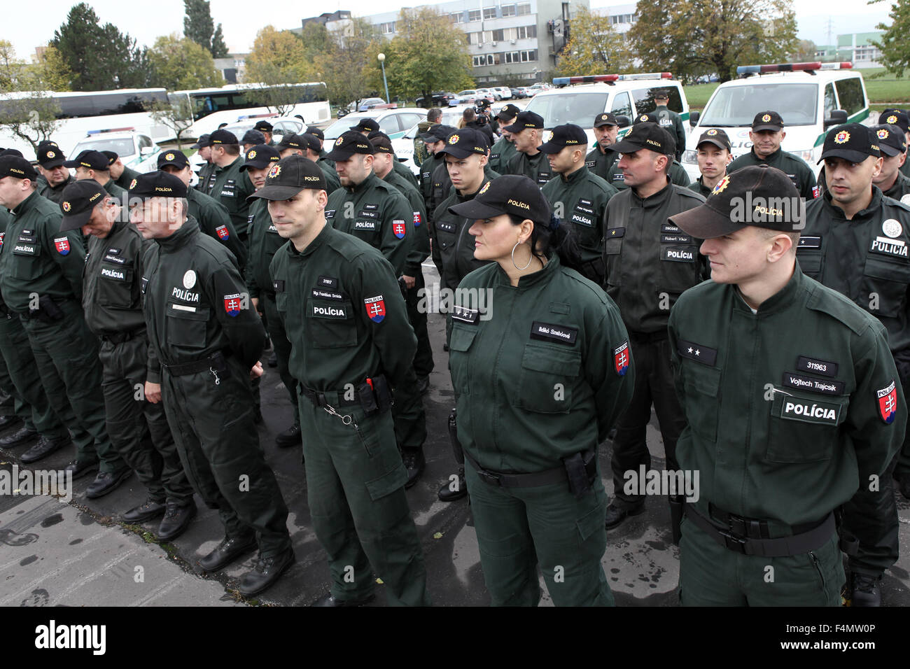 Bratislava, Slovakia. 20th Oct, 2015. Members of the Police Force of the  Slovak Republic is ready to leave in Bratislava, Slovakia, Oct. 20, 2015.  Slovakia is sending 50 police officers to neighbouring