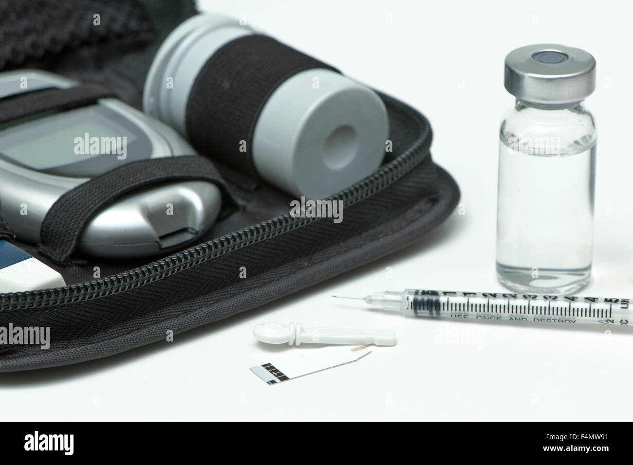 Insulin vial, syringe, lancet, strip and diabetic travel kit case Stock