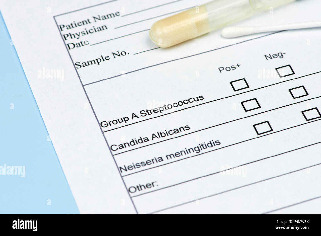 Diagnostic culture swab and holder with streptococcus group A check box. Stock Photo