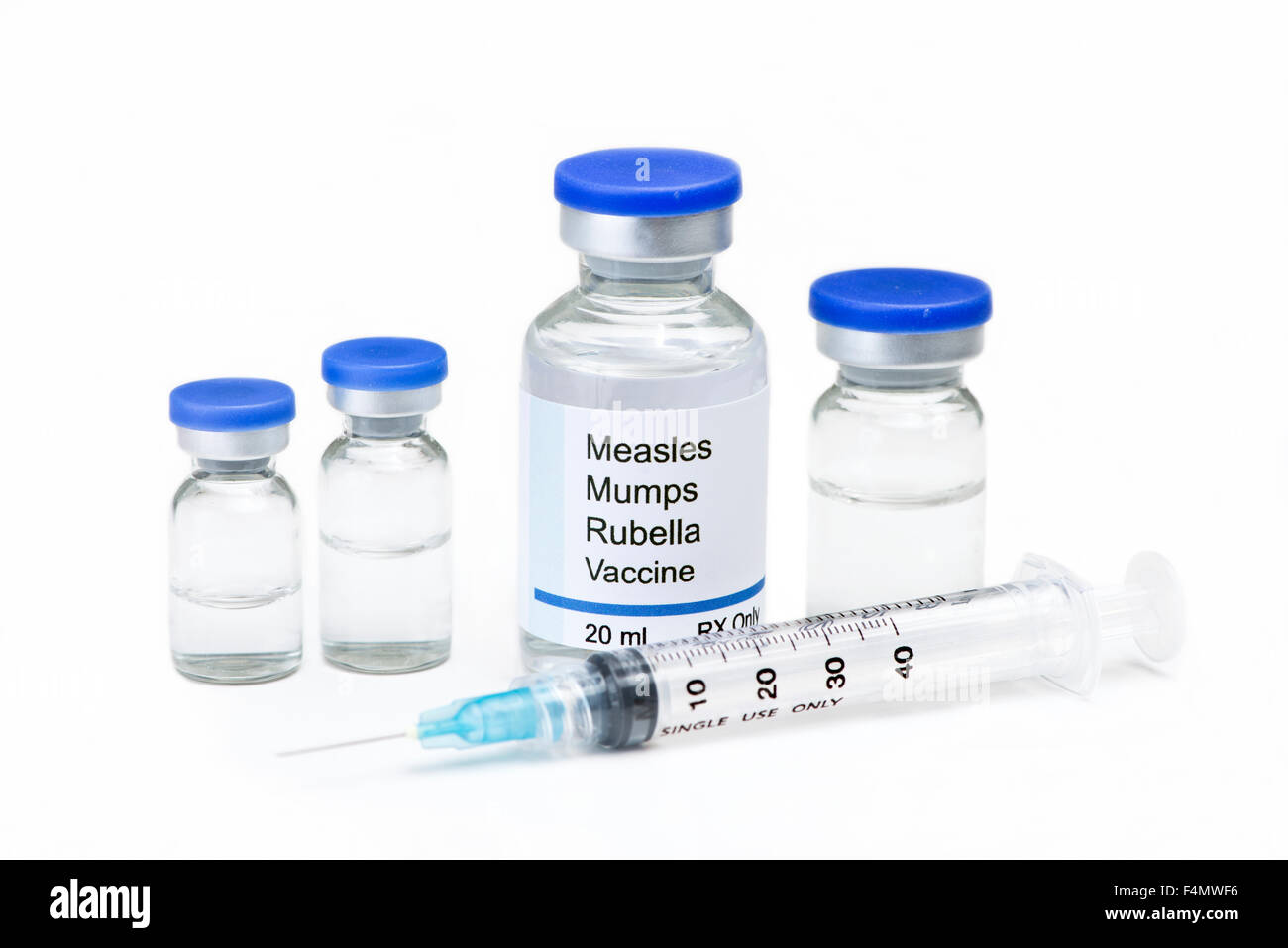 Measles, mumps, rubella, virus vaccine vials and syringe on white background. Stock Photo