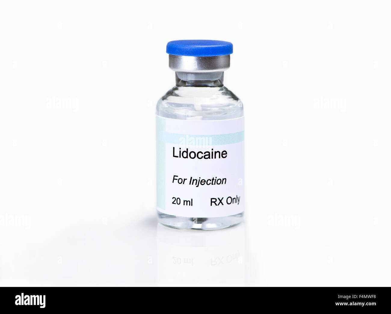 Glass vial of lidocaine injection solution with on white background