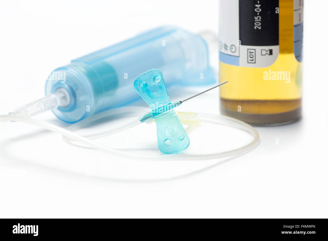 Aerobic blood culture bottle with blood collection catheter Stock Photo