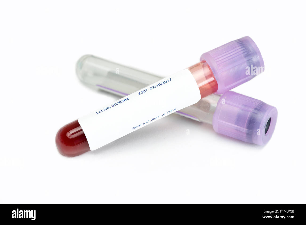 Blood collection tubes with lavender tops and blank label on white background.  Label is fictitious, and any resemblance to any Stock Photo