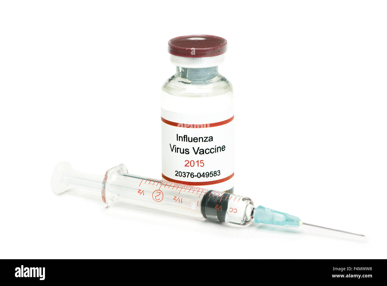 New 2015 influenza virus vaccine on white background. Stock Photo
