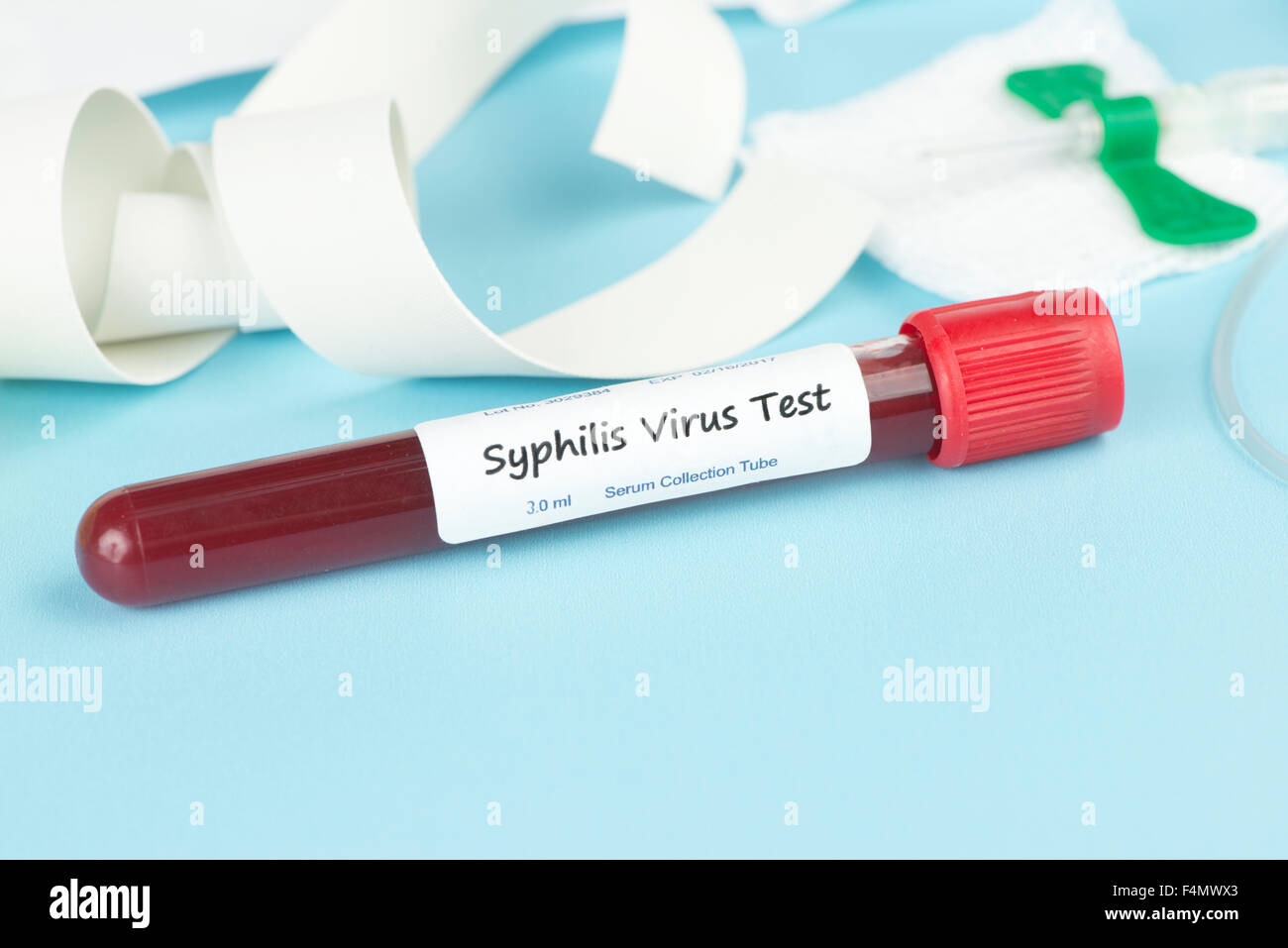 Syphilis blood test collection tube with catheter and band. Label is